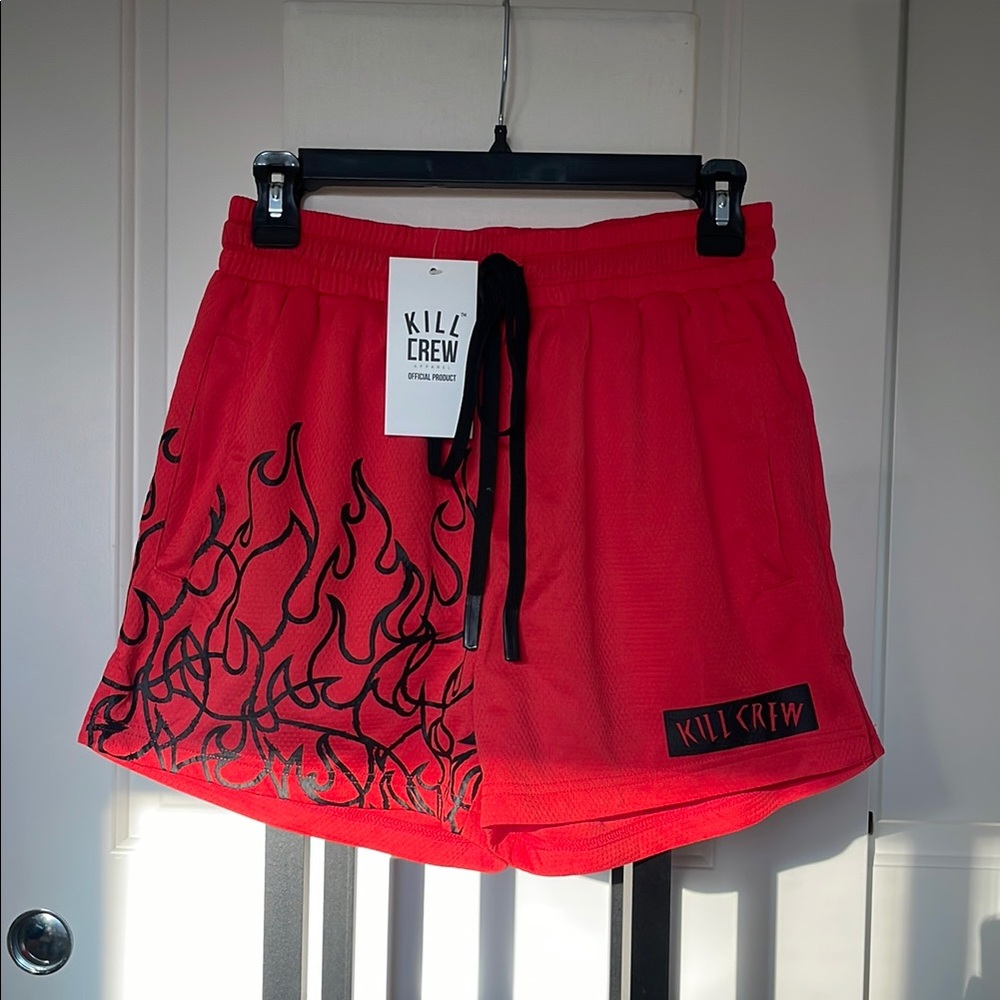 Kill Crew Red Shorts with Black Flame Design